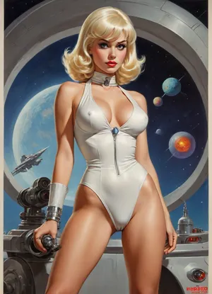 ((full body view, wide angle view)), NSFW, frank Frazetta sketch of Vintage science fiction paperback poster, (platinum blonde hair, Latina, bangs), cleavage, pinup, glass, propaganda, JC Leyendecker, Ron Cobb, Norman Rockwell, 1960s PULP, triadic Colors, 1930s advertisement, space age, raygun, forbidden planet