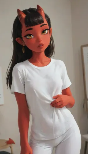 {Character traits} Anime, ((drawing)), (animation), 3d style, (merunyaa), (loli:1.1), merunyaa, meru the succubus demon, meruccubus, (red skinned female), (succubus), score_9, score_8_up, score_7_up, drawing.

{Face details} Big green eyes, moleunder eye, bright eyes, (((full heavy lips))), black hair, long hair, hair between small horns, blunt, bangs, cute oni horns, red, oni, colored, skin, pointy, ears, long, hair.

{Character Pose} she is standing 3/4 frame, posing to accentuate her attractive body, hips slightly cocked, {Body Description} short, 5 foot 6 inches tall, demon girl, colored skin, ((red skin)), red oni, red skin, red demon tail, medium breasts, thick thighs score_9, drawing., <lora:J_cartoon:.5>, <lora:Animated_Concept:1>, <lora:samdoesarts1.1-000030:.6>, {Character Clothing} wearing white sweatpants, wearing XXL plain white, (baggy), very baggy T-shirt, long t-shirt