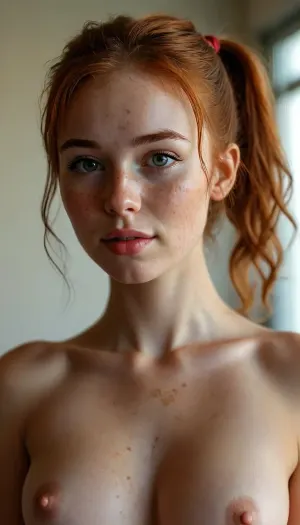 (low light image:1.7), (full body view 2.5), student, communist worker, perfect very cute face, 21 years old very cute girl, firm medium breasted, (overflowing cleavage), ultra realistic skin, horny expression, stunning, sexy, absolutely naked, nudist, innocent, hot, loving face, very cute loving smile, open mouth, redhead, red hair, (sport ponytail with sidelocks:1.2), gymnastics ass, gymnastics legs, gymnastics steps, gymnastic hands, high cheekbones, small lips, small nose, almond-shaped bold and vibrant look, curvy athletic build, hourglass figure, Rating_explicit, (masterpiece, ultra-detailed, erotic glamour), high quality, cameltoe pussy, blush, blushed, blushing, very much blush on the checks and nose, lots of freckles face, lots of freckles head, lots of freckles body, no makeup, oiled skin, horny face, perfect eyes, <lora:MJ52:.8>, <lora:607315_training_data:1.1>