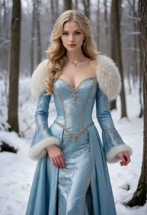 (masterpiece, best quality:1.2), 1 czech 30yo woman, (she wears a opulent light blue medieval satin and lace dress, like a princess:1.4), outdoors, (long wavy blonde hair:1.2), bright blue eyes, in deep snowy winter landscape, stands at the edge of the forest near a frozen stream, (warms itself with a fur around the shoulders:1.4), photorealism, edgJG, fashion, wearing, edgJG_style, clothing, <lora:edgGallianoXL:.5>