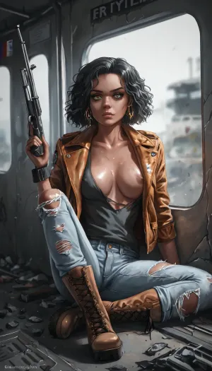 Hyperrealistic anime rendering, close up, solo 18-year-old French girl, olive skin, dark French bob haircut, pensive on cracked, graffiti-covered subway platform, (torn France flag), . Patched denim jacket, ripped jeans, open breast, combat boots. Emerald eyes, defiant/melancholy expression. Clutches shotgun. Moody, desaturated palette, (greys, blues, muted oranges), . Post-apocalyptic Parisian subway, blurred background, debris, overgrown vegetation. Wide-angle lens. Melancholic yet hopeful mood.