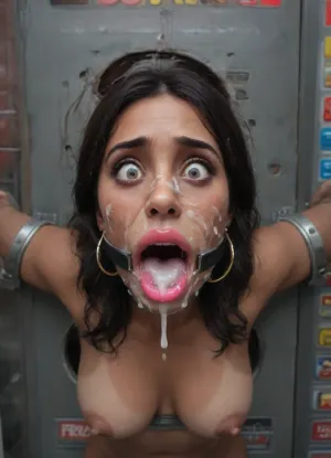 (25 years adult), (woman is stuck with her hips in a round hole with metal rim in a vending machine), (her bust is protruding from a round hole in the front of the vending machine:1.5), (stuck in hole with metal rim:1.3), (vending machine at night, slot for payment), (wide mouth spreader ring gag, gaping mouth:1.5), (leaning forward), (embarrassed, ashamed), (pleading expression:1.2), (terrified:1.6), (crying), (fear and panic:1.2), (box is low mounted, close to floor), (score_9, score_8_up, score_7_up, UHD 8K, masterpiece, best quality, maximum details, natural light, extreme realism, cinematic still), (huge penis:1.4), (she stares at erect penis in front of her face:1.3), (POV from above, she is looking up to viewer, submissive), (POV man standing and looking down, man stroking his big dick:1.1), (arms restrained to wall), (her arms left and right flat against the wall, multiple iron rings fixing her stretched arms against the wall:1.5), (POV standing man, looking down on her:1.2), (mouth wide open), (black hair), (Indian slut:1.8), (rich bitch:1.4), (dark brown skin:1.3), (tan lines), (iron rings restrain her arms to vending machine), (her arms are spread eagle against vending machine:1.8), (arms restrained with iron rings:1.8), (free-standing vending machine), (her face is covered in cum:1.6), (cum in her mouth:1.1), (bukkake, facial:1.3), (transparent liquid:1.2), (realistic cum), (wet face:1.2), (oily skin:1.5), (stuck with hips in a round hole with metal rim:1.6), (eyes wide open in horror:1.3), (her mouth serves only one purpose), (she's got a new job, she's a public cum dumpster), (pink glossy lips:1.3), (shocking pink lips, pink lipstick:1.5), (eerie lighting:1.3), (smeared lipstick:1.3)