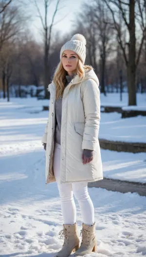 1girl, small breasts, blonde hair, low-tied long hair, blue eyes, looking away, worried, hands in pockets, white parka, white jeans, white boots, high heels, pom pom beanie, outdoors, winter, snow, park, city, snowing, bright sun, (masterpiece, best quality, absurdres, highres, newest, very awa)