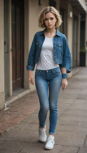 girl, blonde, short hair, denim jacket, jeans, sneakers