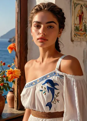 (masterpiece, best quality, ultra-detailed, photorealistic, HDR, clear Aegean daylight), 18-year-old Greek islander Penelope, Naxos, strong trapezoidal face with pronounced wide jaw, sun-kissed olive skin with soft peach undertone, flawless complexion with golden highlights, prominent cheekbones with subtle warmth, large hazel eyes with a distinct golden ring around the pupil, thick “feathered” brows, (ultra-glossy, wide thin symmetrical lips:1.5), lips painted in soft apricot gloss, friendly gentle smile, eyelids shaded in honey and light brown, straight medium-length lashes, detailed brow and lash texture, angular chin, straight nose with delicately upturned tip, (dark chestnut hair in loose braid swept over one shoulder:1.2), visible shoulders and upper chest in an off-shoulder white cotton blouse with traditional blue Greek embroidery, fabric draped above the bust, small gold dolphin pendant, sunlit island home interior with stone walls, pottery, sea view through open window, correct anatomy, vibrant Mediterranean color, <lora:MJ52:1>, <lora:SDXLHighDetail_v6-000005:.8>, <lora:Microwaist_XL_v01:.8>