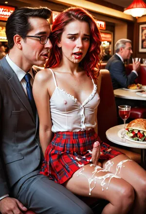 score_9, score_8_up, score_7_up, score_6_up, Expressiveh, g0thicPXL, (((very much want have sex))), small breasts, perky breasts, long red hair, hairstyle, brown eyes, bare shoulders, fit thighs, 1Transgender sitting on 2Oldman's lap, in a restaurant, cmnf, the 2oldman is wearing a suit, the 1transgender is wearing a white button-up shirt that is open and micro-skirt, (embarrassed expression), ((the transvestite's face is flushed with shame, red cheeks, mouth slightly open, breathing heavily)), ((surrounded by people, patrons eating dinner, visible penis, small penis, public hair)), erect-futa, erect-penis, ((sperm leaking from penis, cum on legs, cum on blouse, cum on skirt)), testicles, erection, Optional, al1n3st3renk0, <lora:SDXLlora13ErFut:.7>, <lora:alinaXL_v1:2>