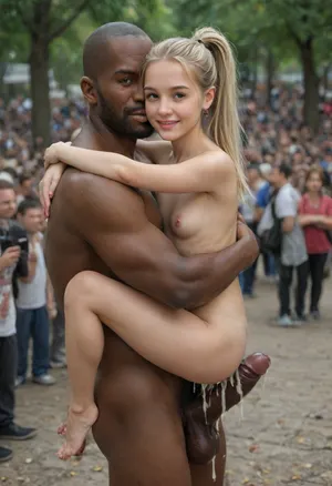 8k, uhd, photorealistic, (((interracial))), (strong tall man, lean and muscular man:1.3), ((extreme oversized penis:1.4)), (carry fuck), 18 year old, (petite:1.3), ((underage:1.4)), ((small body:1.4)), (glistening skin:1.1), small breasts, (light platinum blonde:1.3), high ponytail, hugging, (leg lock:1.3), anal sex, anal squirt, (excessive cum:1.4), (huge size difference:1.7), nice bubble butt, breasts visible, (perfect smile:1.4), (large eyes:1.2), (looking up), (close view of face:1.3), side angle view, beautiful fantasy forest backgound, flat, chested, 4ng3l, face, (crowd of people), PEAnimeBG, Background, anime, scenery, <lora:detailed_notrigger:1.1>, <lora:flat_chested_v3.5:1.6>, <lora:SDXL_BetterFaces-LoRA_v1:1.6>, <lora:crowd_notrigger:.8>, <lora:PE_AnimeBG:1.1>