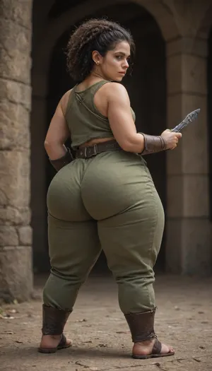 woman, (shortstack:.5), fatass, (dumptruck ass:1.3), dumptruck fatass, massive legs, snarky, (wearing warrior monk clothing:1.5)
