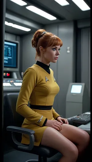 on deck of entreprise, ginger hair woman, in star trek uniform suit, sitting near computer, ((lift skirt)), (show panties), raw, Portrait, professional, color, grading, <lora:MJ52:2>, <lora:208210_training_data:2>, startrektos, dress, <lora:TOSXL-000040:.8>