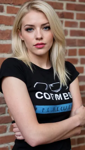 zPDXL3, zPDXLrl, depth of field, highly detailed, high contrast, BREAK, 4vr1l, lips, bleach blonde hair, standing, black tshirt, rock logo, blue jeans, black nail polish, brick wall