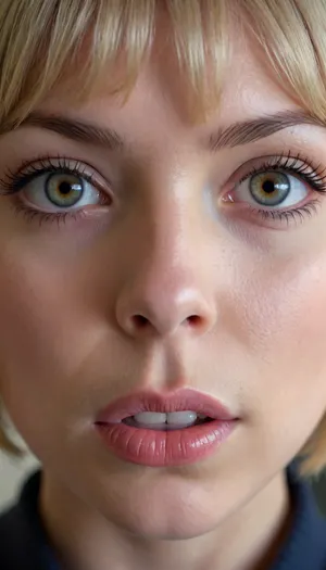 ultra high quality, (very close up portrait), short bangs bobcut blonde hair, round soft features face, highly detailed face, highly detailed mouth, highly detailed iris, skin pores, focusing on her eyes and mouth