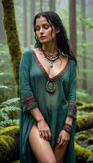 ** Witch girl in a relaxed pose in the rain.** Her raven-colored hair is loose, slightly wavy, with wooden beads woven into the strands and feathers sticking to her skin from the moisture. She is wearing a loose tunic made of natural linen in a milky shade, soaked in the rain, the fabric hugs her ample breasts, transparent in the light, but gently conceals the shape of her thighs, reaching to her knees. The left shoulder is exposed, and the sleeve of the right arm slides down, exposing the collarbone. Around her neck is a simple necklace made of river stones and leather, bracelets made of coarse textiles and turquoise. She stands barefoot on moss by an old stone well, surrounded by a wild forest of lichen-covered boulders, ferns, and rain-drenched flowers. Her posture is deliberately casual, her head is slightly thrown back, her eyes are closed, and her lips are slightly parted, as if she is inhaling the smell of rain. Her face is lightly flushed and her skin glistens with moisture. The rain washes softly over her, trickles down her back, neck, and legs, and the hem of her tunic sticks to her thighs, emphasizing their roundness. All around — fog mixed with rain, and the green of the forest, illuminated by the dim light of the moon. The atmosphere is calm, almost peaceful, no crows, no tombstones — just nature. Her image combines natural sexuality, (wet fabric, exposed skin), and harmony with the forest, and in her hand she holds a wreath of wildflowers, as if just woven. Details, drops on the eyelashes, a slight smile, bare feet pressed into the moss, and a warm skin tone that contrasts with the cold tones of the rain., witch_style