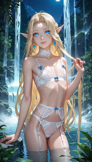 (elven ears), Stunning skinny elven Women with very long blonde Hair, 20 years old, smileing, small boobs, white taint, blue eyes, 8K, highest quality, super detailed images, fine details, Luxury lingerie, high resolution, night, waterfall, flat, chested, <lora:waterfallsXL:1>, <lora:flat_chested_v3.5:1>