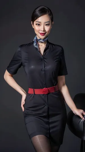 stewardess, pretty asian, simple black background, standing pose, (full body view:1.1), (long legs, black stockings, black flat shoes:1.2), (open shirt revealing white sexy bra, small natural breasts:1.2), black blue pencil skirt, Masterpiece, Best quality, Ultra HD, Hyper Realistic, patterned shirt, EAuniform, dress, (short hair, stewardess hairstyle, small silk scarf:1.1), Breast, <lora:EAuniform:.5>, <lora:REAL-NIPPLES:.3>