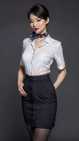 stewardess, pretty asian, simple black background, standing pose, full body view, (long legs, black stockings, black flat shoes:1.2), (open shirt revealing white sexy bra, small natural breasts:1.2), black blue pencil skirt, Masterpiece, Best quality, Ultra HD, Hyper Realistic, patterned shirt, EAuniform, dress, (short hair, stewardess hairstyle, small silk scarf:1.1), Breast, <lora:EAuniform:.5>, <lora:REAL-NIPPLES:.3>