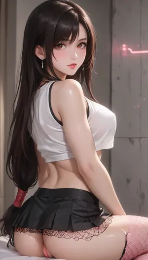 ai_generated, (Tifa Lockhart, pretty face, crop top, fishnet under shirt, mini skirt, long hair), large_breast, showing_back, ass, sitting, ((facing her back to viewer)), Sexy Girl, (Shiny Skin), ((perfect pussy)), ((Hentai)), g0th1cxl, glowing, neon, <lora:outline_xl_kohaku_delta_spv5x:1.6>, <lora:NEOTOKIOXL_0.2_RC:.7>, <lora:Ppolar-P3v1-NbVp10:1.6>, <lora:cartoon_stickers_xl_v1:1.2>, <lora:g0th1cXL:1.4>