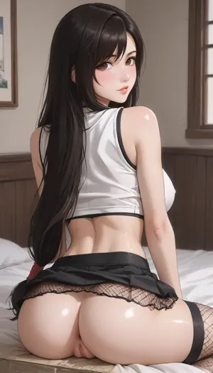 ai_generated, (Tifa Lockhart, pretty face, crop top, fishnet under shirt, mini skirt, long hair), large_breast, showing_back, ass, sitting, ((facing her back to viewer)), Sexy Girl, (Shiny Skin), ((perfect pussy)), ((Hentai)), <lora:outline_xl_kohaku_delta_spv5x:1.6>, <lora:NEOTOKIOXL_0.2_RC:.7>, <lora:Ppolar-P3v1-NbVp10:1.6>, <lora:cartoon_stickers_xl_v1:1.2>, <lora:EnvyStylizedXL01:1.8>