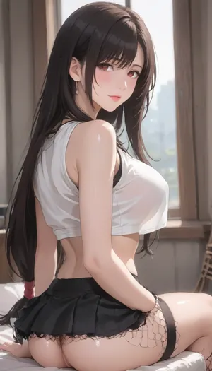 ai_generated, (Tifa Lockhart, pretty face, crop top, fishnet under shirt, mini skirt, long hair), large_breast, showing_back, ass, sitting, ((facing her back to viewer)), Sexy Girl, (Shiny Skin), ((perfect pussy)), ((Hentai)), <lora:outline_xl_kohaku_delta_spv5x:1.6>, <lora:NEOTOKIOXL_0.2_RC:.7>, <lora:Ppolar-P3v1-NbVp10:1.6>, <lora:cartoon_stickers_xl_v1:1.2>, <lora:JYT:1.6>