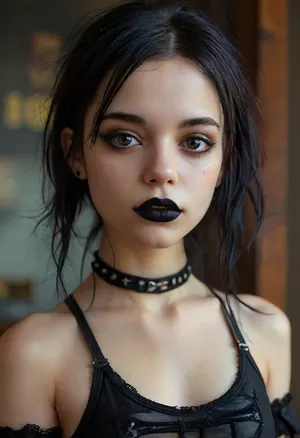 petite student, Slim, ripped revealing clothes, goth, Small perky tits, (full body view), Tinymodel, young, schoolgirl, 18 years old, (midget:.9), (cute:1.5), (short:1.5), (young:1.6), (flat chest:1.2), perfect face, dark brown eyes, closeup, petite body, smokey eyes, black lips, (goth-makeup:1.5), half body photo, beautiful face, (Ultra detailed skin:1.5), (ultra high resolution:1.5), 4ng3l, face, ohwx, woman, <lora:MJ52:.6>, <lora:SDXL_BetterFaces-LoRA_v1:.6>, <lora:ortega_sdxxxl_dh128_v1:.9>