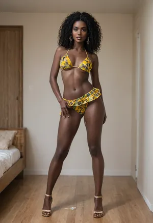 Asia woman, delgada, (black skin:1.5), 25 year old, ironed hair, (in room), (a bikini and skirt, clothing color yellow), full body, sexy position, cum shot on bikini, cum on she bikini