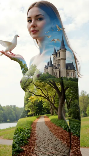 An elegant woman standing tall with an air of ethereal grace, her form delicately intertwined with the vibrant hues of a mystical forest. The double exposure technique masterfully merges the beauty of nature with her visage, revealing a symphony of emerald leaves and golden sunrays dancing across her skin. Her eyes, deep pools of sapphire, reflect the ancient wisdom of the trees that whisper their secrets. Her hair cascades down her back, blending into the intricate patterns of a cobblestone path that winds through the enchanted woods, leading to a grand castle perched atop a distant hill. The woman's silhouette is adorned with a soft glow, hinting at the magic that resides within her soul. The architecture of the castle merges with her form, the turrets and spires echoing the curves of her body, as if she is the living embodiment of the enigmatic realm she inhabits. The sky above is a canvas of swirling blues and purples, a cosmic backdrop that mirrors the tumultuous emotions and boundless imagination within her heart. Her arms stretch out, fingers unfurling like petals, as a flock of doves ascend from her palms, symbolizing peace and freedom. The overall composition is a breathtaking blend of reality and fantasy, inviting the viewer to dive into a world where beauty, nature, and magic coalesce into a single, harmonious being.