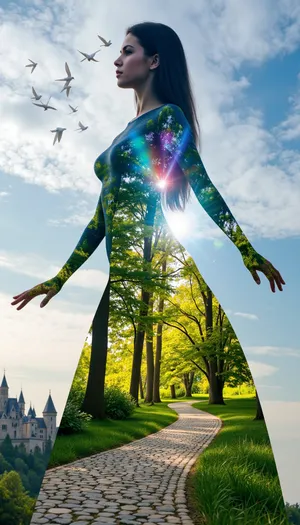 An elegant woman standing tall with an air of ethereal grace, her form delicately intertwined with the vibrant hues of a mystical forest. The double exposure technique masterfully merges the beauty of nature with her visage, revealing a symphony of emerald leaves and golden sunrays dancing across her skin. Her eyes, deep pools of sapphire, reflect the ancient wisdom of the trees that whisper their secrets. Her hair cascades down her back, blending into the intricate patterns of a cobblestone path that winds through the enchanted woods, leading to a grand castle perched atop a distant hill. The woman's silhouette is adorned with a soft glow, hinting at the magic that resides within her soul. The architecture of the castle merges with her form, the turrets and spires echoing the curves of her body, as if she is the living embodiment of the enigmatic realm she inhabits. The sky above is a canvas of swirling blues and purples, a cosmic backdrop that mirrors the tumultuous emotions and boundless imagination within her heart. Her arms stretch out, fingers unfurling like petals, as a flock of doves ascend from her palms, symbolizing peace and freedom. The overall composition is a breathtaking blend of reality and fantasy, inviting the viewer to dive into a world where beauty, nature, and magic coalesce into a single, harmonious being.