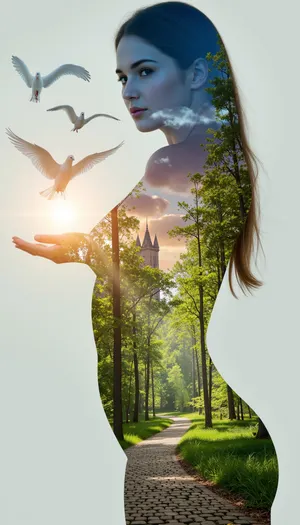 An elegant woman standing tall with an air of ethereal grace, her form delicately intertwined with the vibrant hues of a mystical forest. The double exposure technique masterfully merges the beauty of nature with her visage, revealing a symphony of emerald leaves and golden sunrays dancing across her skin. Her eyes, deep pools of sapphire, reflect the ancient wisdom of the trees that whisper their secrets. Her hair cascades down her back, blending into the intricate patterns of a cobblestone path that winds through the enchanted woods, leading to a grand castle perched atop a distant hill. The woman's silhouette is adorned with a soft glow, hinting at the magic that resides within her soul. The architecture of the castle merges with her form, the turrets and spires echoing the curves of her body, as if she is the living embodiment of the enigmatic realm she inhabits. The sky above is a canvas of swirling blues and purples, a cosmic backdrop that mirrors the tumultuous emotions and boundless imagination within her heart. Her arms stretch out, fingers unfurling like petals, as a flock of doves ascend from her palms, symbolizing peace and freedom. The overall composition is a breathtaking blend of reality and fantasy, inviting the viewer to dive into a world where beauty, nature, and magic coalesce into a single, harmonious being.