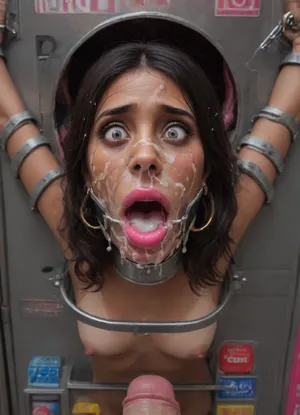 (40 years adult), (woman is stuck with her hips in a round hole with metal rim in a vending machine), (her bust is protruding from a round hole in the front of the vending machine:1.5), (stuck in hole with metal rim:1.3), (vending machine at night, slot for payment), (wide mouth spreader ring gag, gaping mouth:1.5), (leaning forward), (embarrassed, ashamed), (pleading expression:1.2), (terrified:1.6), (crying), (fear and panic:1.2), (box is low mounted, close to floor), (score_9, score_8_up, score_7_up, UHD 8K, masterpiece, best quality, maximum details, natural light, extreme realism, cinematic still), (huge penis:1.4), (she stares at erect penis in front of her face:1.3), (POV from above, she is looking up to viewer, submissive), (POV man standing and looking down, man stroking his big dick:1.1), (arms restrained to wall), (her arms left and right flat against the wall, multiple iron rings fixing her stretched arms against the wall:1.5), (POV standing man, looking down on her:1.2), (mouth wide open), (black hair:1.5), (Indian whore:1.8), (skinny slutty face:1.3), (dark complexion:1.3), (dark brown skin:1.3), (tan lines), (iron rings restrain her arms to vending machine), (her arms are spread eagle against vending machine:1.8), (arms restrained with iron rings:1.8), (free-standing vending machine), (her face is covered in cum:1.6), (cum in her mouth:1.1), (bukkake, facial:1.3), (transparent liquid:1.2), (realistic cum), (wet face:1.2), (oily skin:1.5), (stuck with hips in a round hole with metal rim:1.6), (eyes wide open in horror:1.3), (her mouth serves only one purpose), (she's got a new job, she's a public cum dumpster), (pink glossy lips:1.3), (shocking pink lips, pink lipstick:1.5), (eerie lighting:1.3), (smeared lipstick:1.3)