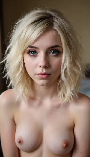 upper body portrait of extremely cute and hot 22 yo emo girl with long light blonde coily emo hair, naked