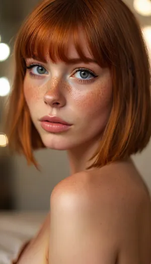 ziprealism, (intimate snapshot esthetic), (adorable woman, charming girlfriend, soft smile, warm loving gaze, bashful pose, cozy modern bedroom:1.2), (f/2.8, shallow depth of field, creamy bokeh, extreme face closeup shot, layered composition, strong vignette, focus on eyes:1.4), (vibrant ginger hair, blunt bangs hair, voluminous satiny hair, inverted Bob hair cut, A-line Bob hair cut, short hair, straight hair, hair framing face:1.8), (catchlights, sharp contrasting limbal rings, large expressive eyes, stunning eyes, perfect eyes, long delicate eyelashes), (soft facial features, subtle freckles:1.4), igbaddie, <lora:igbaddie-XL:.84>, <lora:MJ52:.4>, but, <lora:BUT_SDXL_SHS:.1>