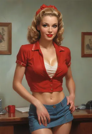 A pin-up style illustration of a young woman with a mid-20th century retro aesthetic. Full length. She has large expressive eyes, white skin, soft wavy fire elemental hair in a 1950s hairstyle, and a cheerful or playful expression.two women, 2women, 20 yo and 38 years old sexy photomodel secretaries, shy, ((fully clothed)), nonnude receptionists working standing at modern luxurious hotel reception desk, hotel lobby, modern hotel, lobby, black ponytail hair, hair bangs, light eyes, white office blouse, hotel uniform, black tight skirt long skirt, white blouse, name plate "Sarah", big natural saggy breasts, focused on computer in front of her, typing on keyboard, with cum on her face, cum in her hair, cum on her clothes, cumshot facials, (bukkake:1.6), on, cloth, hotel, room, reception, revealing cleavage, standing, full shot, strict glasses, ((hotel reception, hotel desk:1.44)), fully clothed, slim body, cum on her face, (((cum on clothes))), sperm on face, ((wall behind with many keys from the hotel rooms)), hotel keys, (mature:1.39), ((strict hotel uniform:1.4)), dark skirt, pinstripe, cleavage, red floor, pink desk, wet shirt, wet blouse, huge breasts, thin waist, 32dd, deep cleavage, torn blouse, side view., (e.g. post-apocalyptic wasteland), . Illustration is rendered in traditional pin-up painting style, (like Gil Elvgren), with warm tones and gentle shading, sagging, fire, elemental, style, of, Art, Frahm, latex, matte, shiny, inflatable, <lora:sagging-000015:2>, <lora:RPGFireElementalXL:1.5>, <lora:tbh210-sdxl:1.5>, <lora:shinylatex-merged:2>