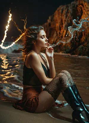 Що отBeautiful girl in double exposure style, beautiful maiden with loose hair merges with sea wave, bright full-length photo.