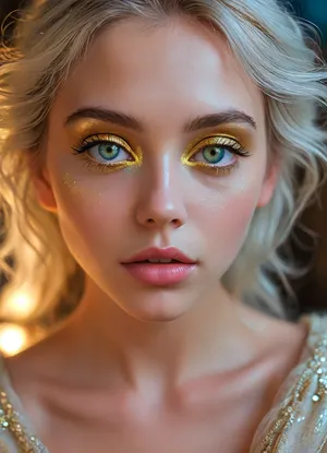 (masterpiece, best quality, ultra-detailed, photorealistic, HDR, fantasy portrait, extreme close-up), Aelith, feminine, young adult, face in soft diamond shape with symmetrical proportions, flawless deep sapphire-blue skin with subtle pearlescent glow, high sculpted cheekbones adorned with faint natural crystal-like patterns, elegant narrow nose with smooth bridge, full heart-shaped lips tinted in metallic blue gloss, (striking gold eyes with no visible pupils, glowing softly from within:1.5), long white lashes, soft arc of delicate silver brows, gentle serene smile, forehead and cheeks shimmer with iridescent highlight, elongated pointed ears, flowing silver-white hair with opal reflections, visible shoulders and upper chest in translucent silvery garment, background softly blurred with cosmic nebula colors and faint starlight, correct anatomy, luminous color and detail, five distinct non-fused fingers on each hand if visible, <lora:MJ52:1>, <lora:SDXLHighDetail_v6-000005:.8>, <lora:Microwaist_XL_v01:.8>