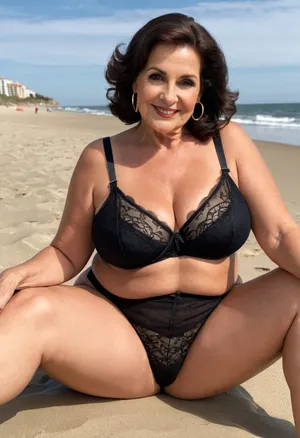 old granny 75 years old, dark brunette, medium hair, make up, hoop earrings, very chubby curvy bbw, beautiful big black eyes, seated, at the beach, sexy naught face smile, very small tits, very small tiny boobs, long legs, realbodiez, thick legs, sexy high waisted lingerie, fat granny, selfie