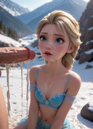 20 yo blonde Elsa from Frozen, Disney, Pixar, make-up, sexy, snowy mountain, blue lingerie, on knees, looking up, cum, cum on face, (excessive cum:1.5), big cock, <lora:princess_xl_v2:2>