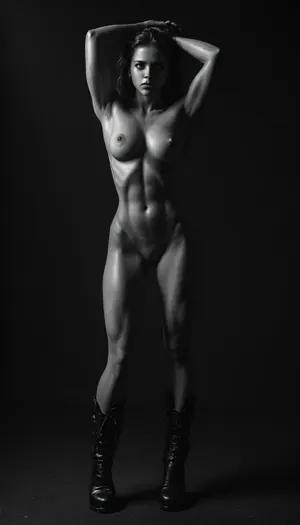 Super realistic photo, 8K quality, realistic anatomy, super detailed skin texture, front view, slim fit, long legs, masterpiece, ass back, stretching, full length view, Irving Penn style, nude bodybuilder female torso study, in competition stance, (athletic build body:1.5), (shaved pussy), (well-defined muscules:1.1), (muscular hips:1.5), (muscular arms and waist:1.1), (narrow waist, wide hips:1.4), perfect sexy breasts, (dramatic rim light from above, sweat glistening on athletic body, deep shadows accentuating abdominal muscles and shoulder definition), matte black background, (grainy black and white film), (Kodak Tri-X), high contrast, minimalist composition, shot on Hasselblad, skin texture detailed, supermodel, face, big, lips, handslora, high heel boots, but, <lora:Beautify-Supermodel-SDXL:.8>, <lora:590198_training_data:.8>, <lora:Hegre-Nude_woman-000001:.8>, <lora:dark:.8>, <lora:BUT_SDXL_SHS:.8>