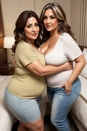 Full color high definition photo, two mature women, Armenian, brunette hair with highlights, obese, 60 years old, leaning forward, loose t-shirt, cleavage, big, hips, hotel room scene, mature, female, milf, motherly, with, pokies, sagging, breasts, Read, Description!, <lora:Real BBW V1:.2>, <lora:epiCRealismHelper:.5>