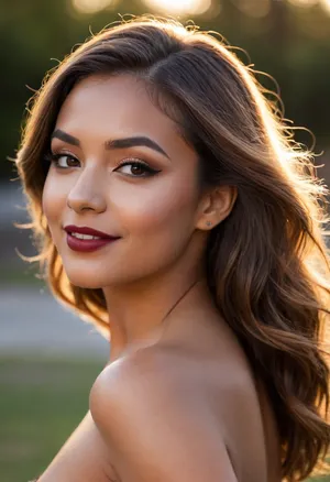 20 year old ombre haired woman eyeing camera, leaning back, head angled up, deeply tanned brown skin, smiling, happy, seductive, back to camera, full dark red lips, prominent cupids bow lips, shiny lipgloss, hair elegantly done, (eyeliner, winged eyeliner, dark eyeshadow), makeup, nude, (golden hour sunlight shining on her)