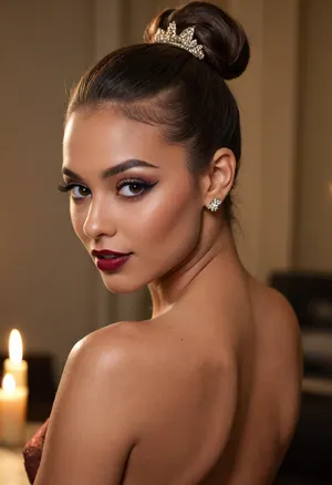 20 year old ombre haired woman eyeing camera, leaning back, head arched back, deeply tanned brown skin, smirking, happy, seductive, back to camera, full dark red lips, prominent cupids bow lips, shiny lipgloss, hair in an elegant bun, (eyeliner, winged eyeliner, dark eyeshadow), makeup, nude, (candlelight)