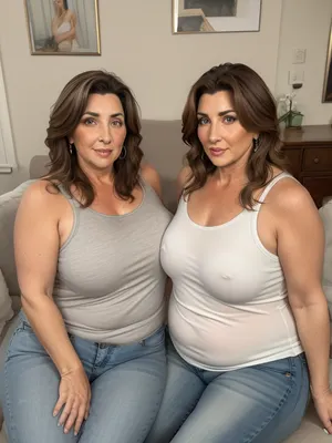 Full color high definition photo, two obese mature women, Armenian, light eyes, beautiful eyes, detailed eyes, looking at viewer, seductive, eye contact with viewer, the woman on the left has brunette hair with highlights, 60 years old, both women are wearing highwaist jeans, and sleeveless t-shirt, sitting on a couch, well lit interior scene, motherly, with, pokies, sagging, saggy, drooping, small sagging breasts, yom_fmruth, long, hair, looking, at, viewer, realistic, eyes, 55, years, old, mature, female, see, info, in, lora, for, more, tags, milf, <lora:epiCRealismHelper:.5>, <lora:YoM_FMRuth:.8>, <lora:Milf:.8>, <lora:weight_slider_v2:.8>