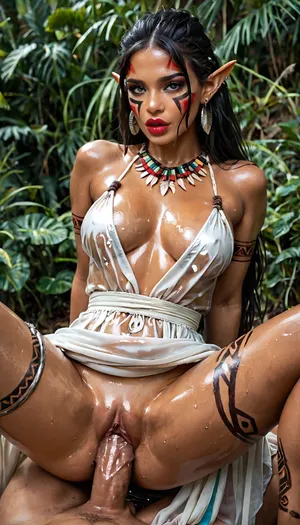 elf valkyrie wearing erotic transparent white dress, pussy sex, piercing pussy, squirt, open legs, fit body, oiled body, shiny skin, tribal tattoos, straight black hair, red lips, big lips, full lips, facial paint, fake small boobs