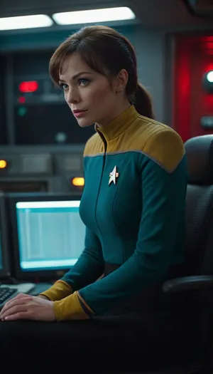 on deck of entreprise, woman in star trek uniform suit, sitting near computer, ((pants down)), show panties, raw, Portrait, professional, color, grading, <lora:MJ52:2>, <lora:208210_training_data:2>, black, and, grey, ds9st, uniform, red, collar, yellow, teal, <lora:DS9XLVGRAD3:.8>