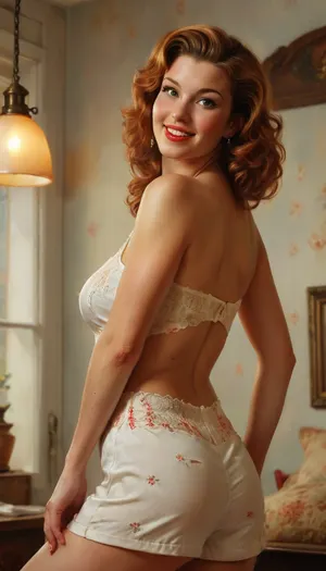 A pin-up style illustration of a young woman with a mid-20th century retro aesthetic. Full length. She has large expressive eyes, white skin, soft wavy fire elemental hair in a 1950s hairstyle, and a cheerful or playful expression.A high-quality, photorealistic, and lifelike full-shot portrait of two beautiful mature women standing side-by-side in a well-lit hotel room. The image has a clean, sharp focus and vibrant colors, with a soft, warm ambiance.
On the left, a striking obese, curvy, ssbbw woman in her late 50s with short, brunette hair with highlights. Her eyes are a sparkling, clear blue, and she wears a confident, radiant smile that shows her teeth. Her skin is smooth and youthful. She is wearing a silky, sleeveless, deep brown chemise with a halter neckline that accentuates her elegant frame and décolletage. Her hands are on her hips, conveying a sense of poise and self-assurance. She wears small, simple earrings.
On the right, a curvaceous woman in her 60s with a warm, friendly smile and a warm, olive complexion. Her medium-length hair is a rich chestnut brown with golden highlights and soft bangs that frame her face. Her eyes are a warm brown. She is wearing a silky, black chemise with thin spaghetti straps and a low-cut v-neckline that highlights her full figure. Her hands are also on her hips, mirroring the pose of the woman beside her. A delicate silver bracelet with small charms is visible on her left wrist. Her hands are holding her breasts.
The background is a soft-focus hotel room with a neatly made bed and a warm lamp on a nightstand, contributing to the cozy, inviting atmosphere. The lighting is soft and flattering, highlighting the women's features without harsh shadows. The overall composition is harmonious and captures a moment of genuine friendship and confidence between the two women. The resolution is extremely high, with every detail, from the texture of the silk to the subtle highlights in their hair, rendered with perfect clarity.
Technical details, (for AI generator), lifelike, high detail, sharp focus, vibrant colors, warm lighting, soft glow, full-shot portrait, professional studio quality. ., (e.g. post-apocalyptic wasteland), . Illustration is rendered in traditional pin-up painting style, (like Gil Elvgren), with warm tones and gentle shading, sagging, fire, elemental, style, of, Art, Frahm, latex, matte, shiny, inflatable, <lora:sagging-000015:2>, <lora:RPGFireElementalXL:1.5>, <lora:tbh210-sdxl:1.5>, <lora:shinylatex-merged:2>