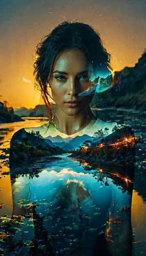 Beautiful woman, (full body), official art, extremely detailed CG unity 8k wallpaper, perfect lighting, Colorful, Bright_Front_face_Lighting, shiny skin, (masterpiece:1), (best_quality:1), ultra high res, 4K, ultra-detailed, photography, 8K, HDR, highres, (vibrant_color:1.2), professional photograph, (full length body), cinematic, great shading, moody lighting, landscape is river with neon lights, ((double exposure:1.5)), Double, Exposure, style, of, <lora:Double_Exposure_5:1>, <lora:add-detail-xl:1>, <lora:Creat0r_MagicDetailzV2_FIX:.8>, <lora:MJ52:.1>