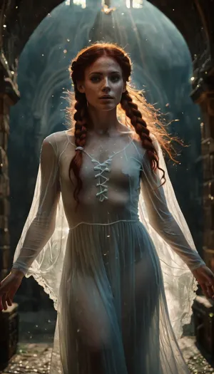 Photograph, hyper realistic, high definition photograph of a ghost, perfect face, perfect body, thin busty redhead woman with dual braids in her hair, she has freckles on her face, her shoulders, and her arms., (She is translucent:1.8), She is nude in a stone castle., she is flying, misty, ghost, floating, <lora:PAseer-SDXL-MistyGhost:1.7>