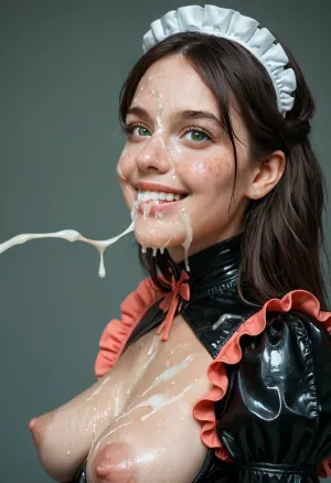 close shot of bukkake viewed from side, happy with shy smile, looking at viewer, hd dark green eyes and detailed cornea and iris, cumshots, (long straight hair), portrait picture of her face and breasts in cum facial, (wearing a pastel red frilly latex maids outfit), (saggy pointy breasts), (huge long puffy areola and nipples), with natural skin, excessive cum on her face, cum on her eyelashes, Cum on her eyelids, Cum on her cheek skin, cum in her mouth, her face wet with Cum, Cum on her lips. cum on her hair, woman, cum on face, (ellie aged 34), facialized, superfacialized, <lora:JustCum:.5>, <lora:facialized:.5>