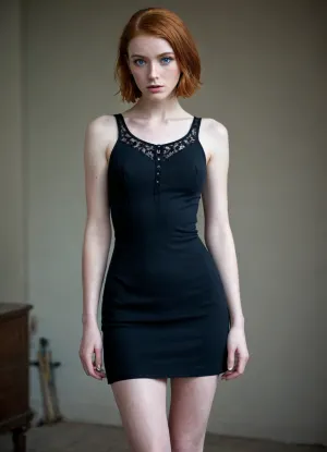 1girl, 25 years old, tall height, french, bob cut ginger hair, wasp waist, freckles, short black dress with laces, stokings, thin, slim, solo, huge blue eyes, perfect eyes, white pale skin, realistic, long slender legs, full height photo, tired face, exhausted, (eyes rolled back), tears, pale, skin, <lora:Pale_Skin_SDXL_v1.0:.8>, <lora:275493_training_data:1.1>