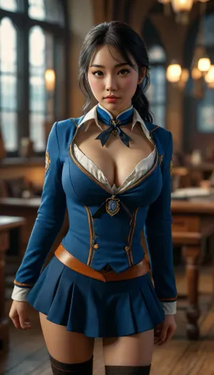 (warm ambient light:.5), (shadows:.4), 8k, best quality, (masterpiece), (intricate details), perfect eyes, perfect face, perfect lighting, beautiful, high detail, octane render, detailed eyes, (full-body shot), (sexy female Asian ravenclaw student, curvy body, large breasts), hogwarts, ravenclaw, ravenclaw uniform, boots, black eyeliner, cleavage, large breasts, JS_ShortSkirt, <lora:MJ52:.8>