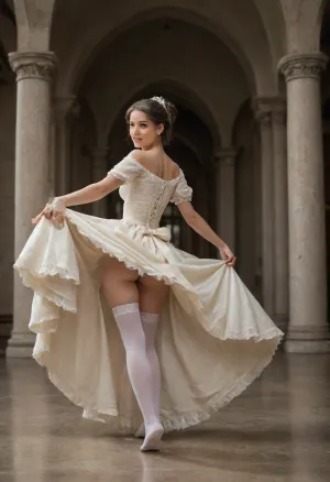 A cinematic photograph captures a young woman in a delicate white princess dress, standing amidst a dreamlike bloom. Soft, ethereal lighting bathes her in a warm glow, accentuating her coy smile and flowing, cascading chestnut hair. The hair is voluminous and пышная, with a small fringe adding a touch of youthfulness to her regal appearance. The full-body shot reveals her in a sultry, regal pose within a majestic throne room, where every detail is meticulously crafted., (((She is dancing, rotating so fast, so her dress is lifted high up, shows her legs, white stockings and hairy pubic:1.1))), .

Her gaze meets the viewer's with a captivating intensity, creating an immediate, mesmerizing connection. Delicate ribbon and bow details adorn her, enhancing the fairy tale aesthetic and adding a touch of whimsical elegance. This 35mm film photograph, shot in 4K resolution, is rich with bokeh and highly detailed, capturing every nuance with stunning clarity. Professional editing has been applied to ensure a polished, refined, and artistically compelling result, making it a true masterpiece of cinematic photography., victorian, dress, <lora:victorian_dress-XL-2.0:.9>, LIFT, UP, DRESS, CURTSEY, FROM, BELOW, BACK, <lora:Lift Up Dress:1.1>