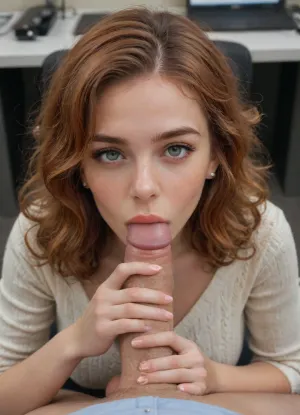 Beautiful busty 20 year old redhead woman gives a blowjob, pov perspective, she is wearing a tight sweater, pretty face, good hands, perfect fingers, curly hair, green eyes, full natural breasts, background is an office, man has a normal sized dick, supermodel, face, big, lips, <lora:Beautify-Supermodel-SDXL:.8>